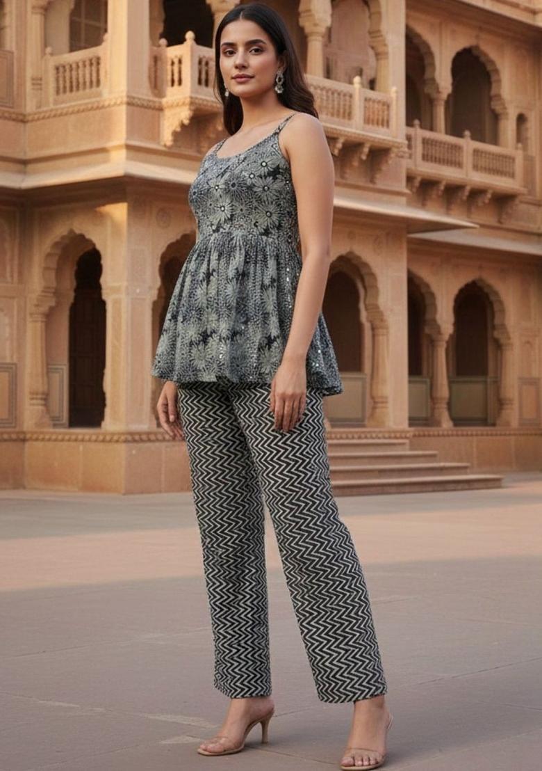 Blue Printed Cotton A Line Kurta Sets - Indya