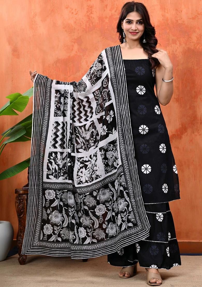Black Printed Cotton Straight Kurta Sets - Indya