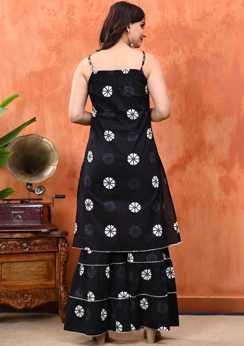 Black Printed Cotton Straight Kurta Sets - Indya