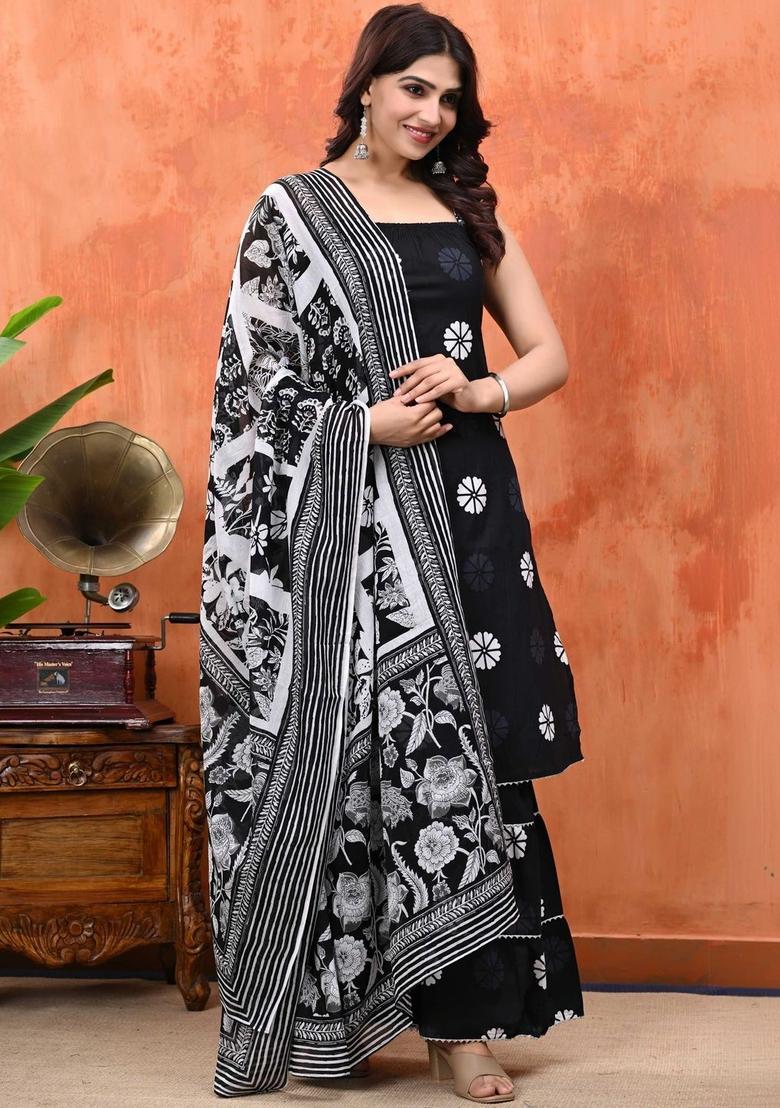 Black Printed Cotton Straight Kurta Sets - Indya
