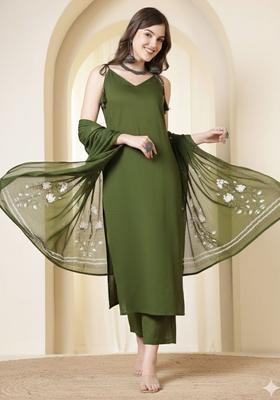 Olive Solid Cotton Straight Kurta Sets