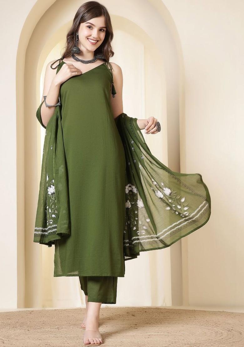 Olive Solid Cotton Straight Kurta Sets - Indya