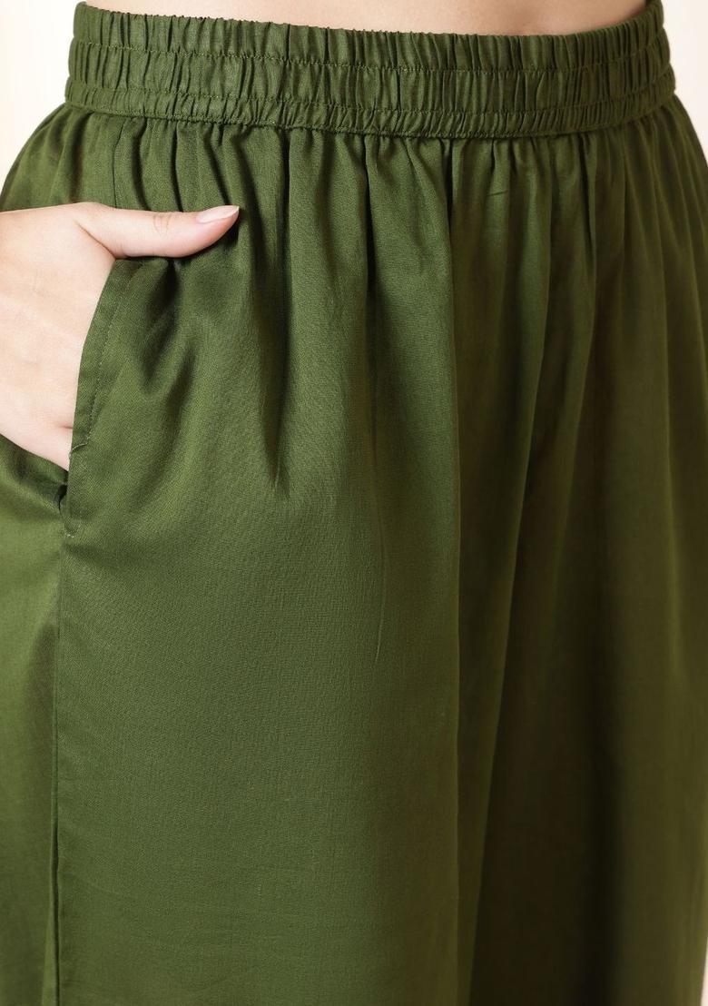 Olive Solid Cotton Straight Kurta Sets - Indya