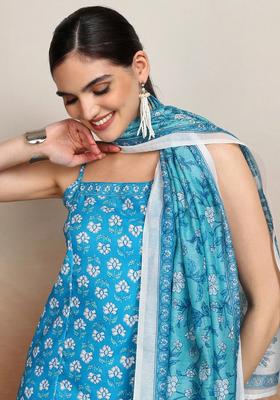 Blue Printed Polyester A Line Kurta Sets