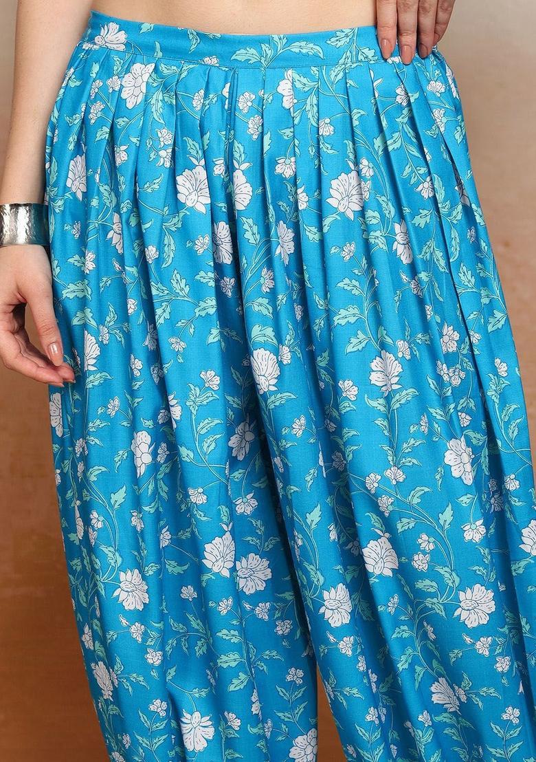 Blue Printed Polyester A Line Kurta Sets - Indya