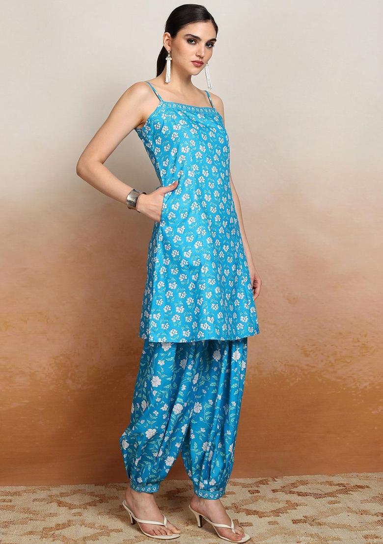 Blue Printed Polyester A Line Kurta Sets - Indya