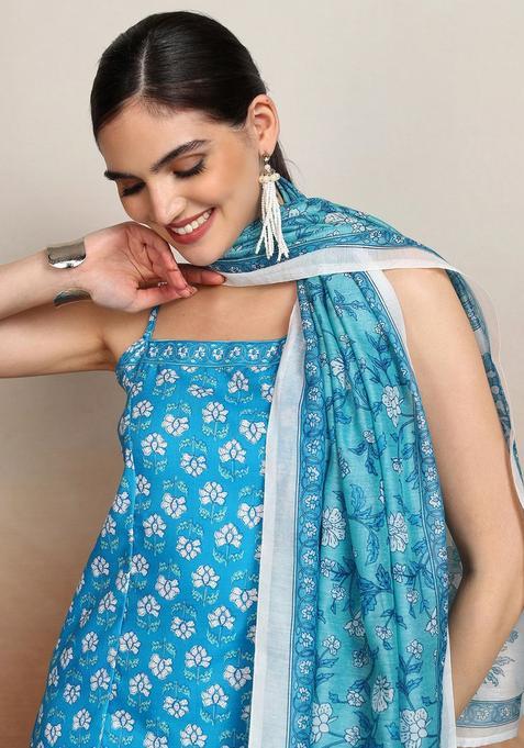 Blue Printed Polyester A Line Kurta Sets — view on Indya