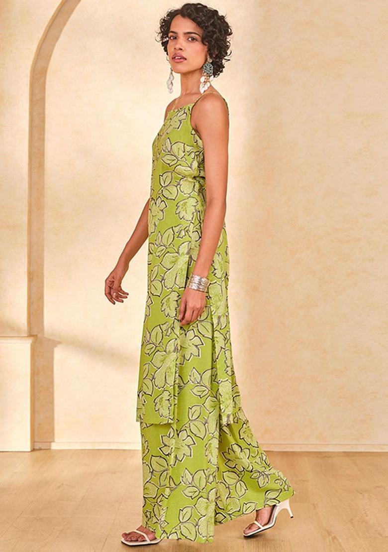 Green Printed Viscose Straight Kurta Sets - Indya