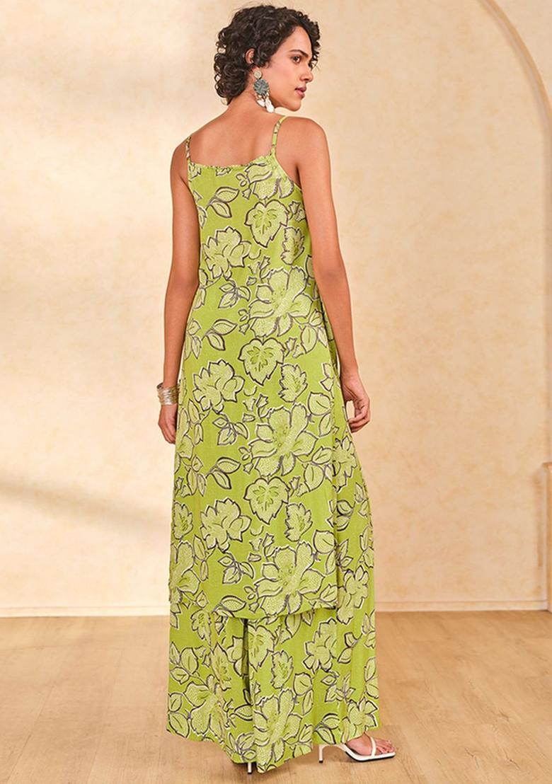 Green Printed Viscose Straight Kurta Sets - Indya