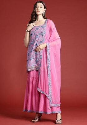 Pink Printed Viscose Straight Kurta Sets