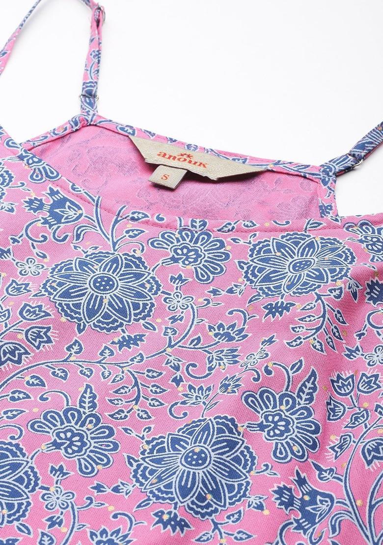 Pink Printed Viscose Straight Kurta Sets - Indya