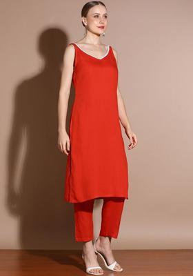 Red Solid Viscose Straight Kurta Sets