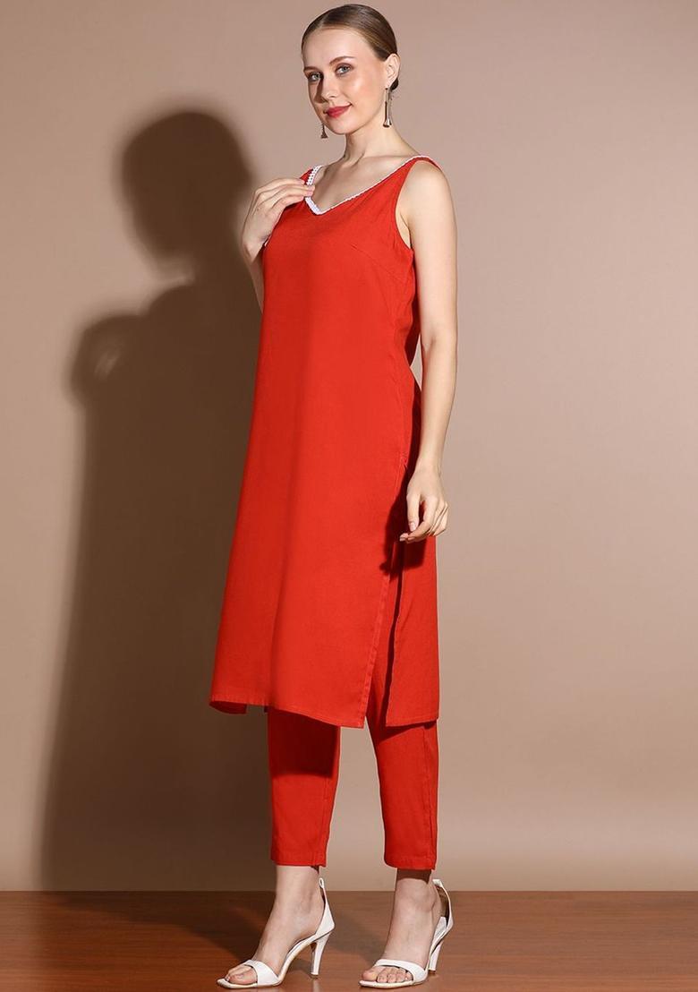 Red Solid Viscose Straight Kurta Sets - Indya