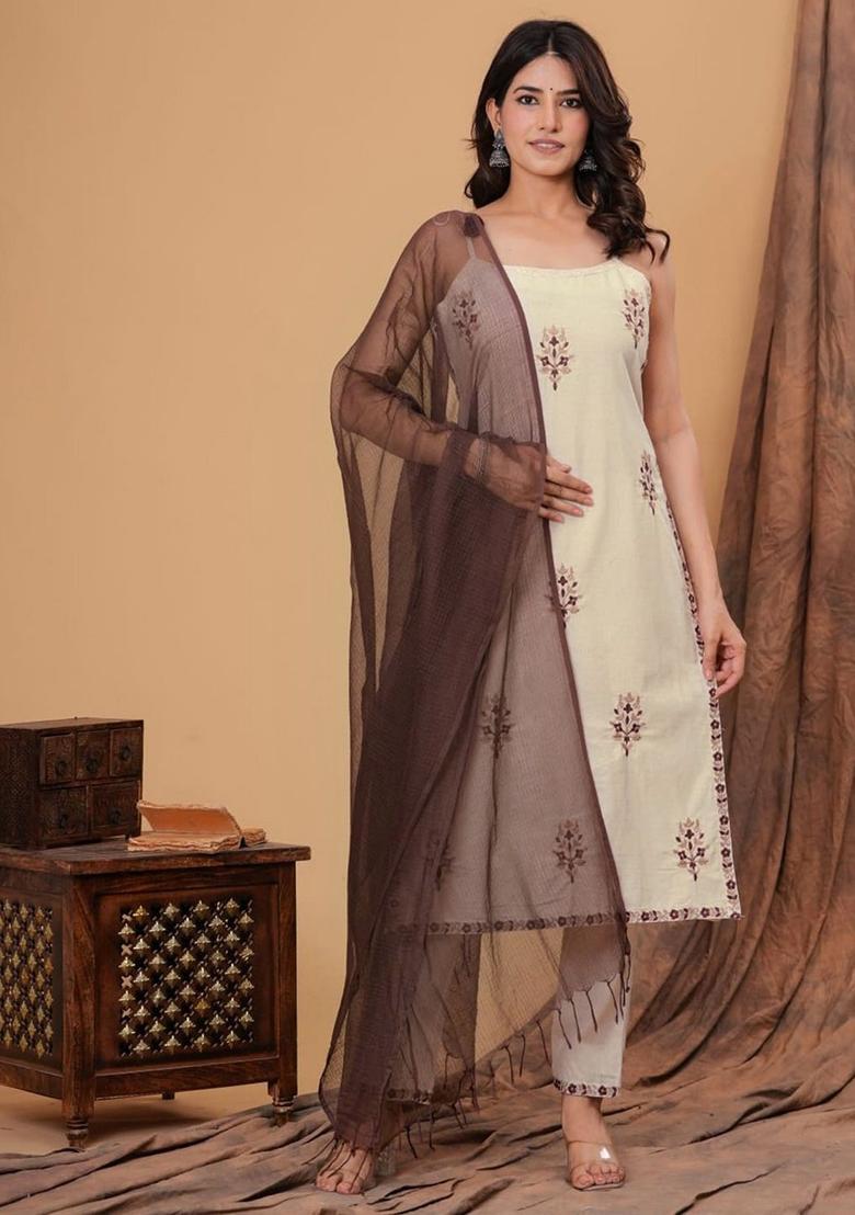 Beige Embroidered Cotton Straight Kurta Sets - Indya