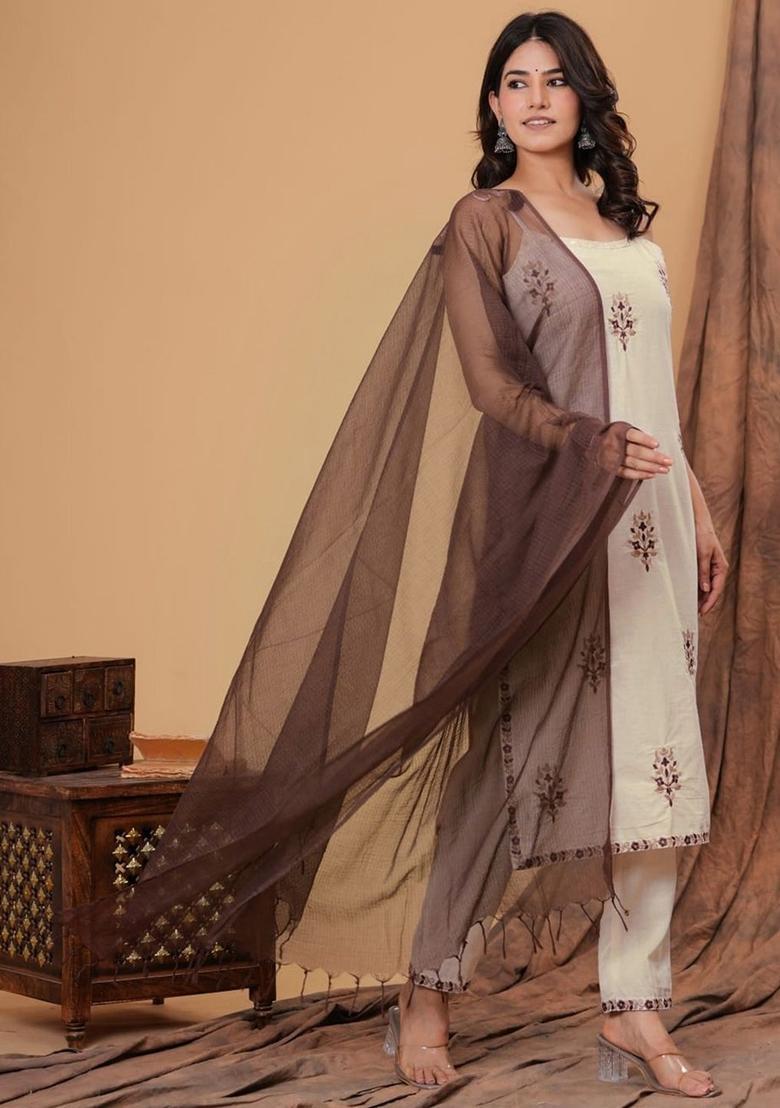 Beige Embroidered Cotton Straight Kurta Sets - Indya