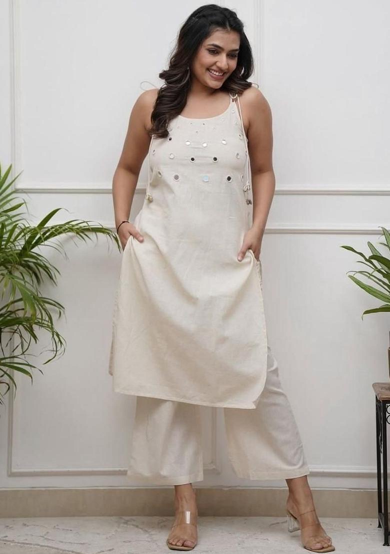 Off White Solid Cotton Straight Kurta Sets - Indya