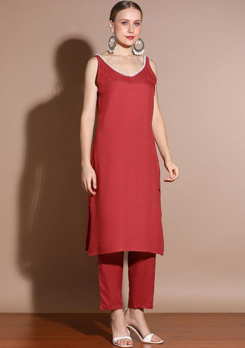Maroon Solid Viscose Straight Kurta Sets - Indya