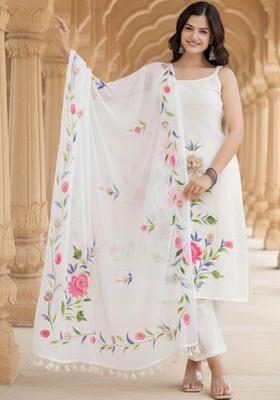 White Printed Cotton Straight Kurta Sets