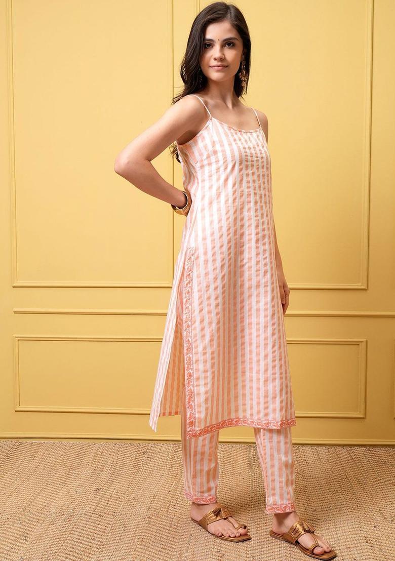 Pink Striped Cotton Straight Kurta Sets - Indya