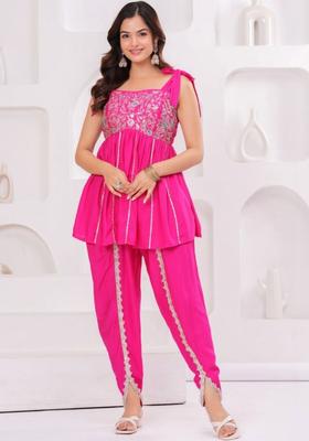 Pink Embroidered Viscose A Line Kurta Sets