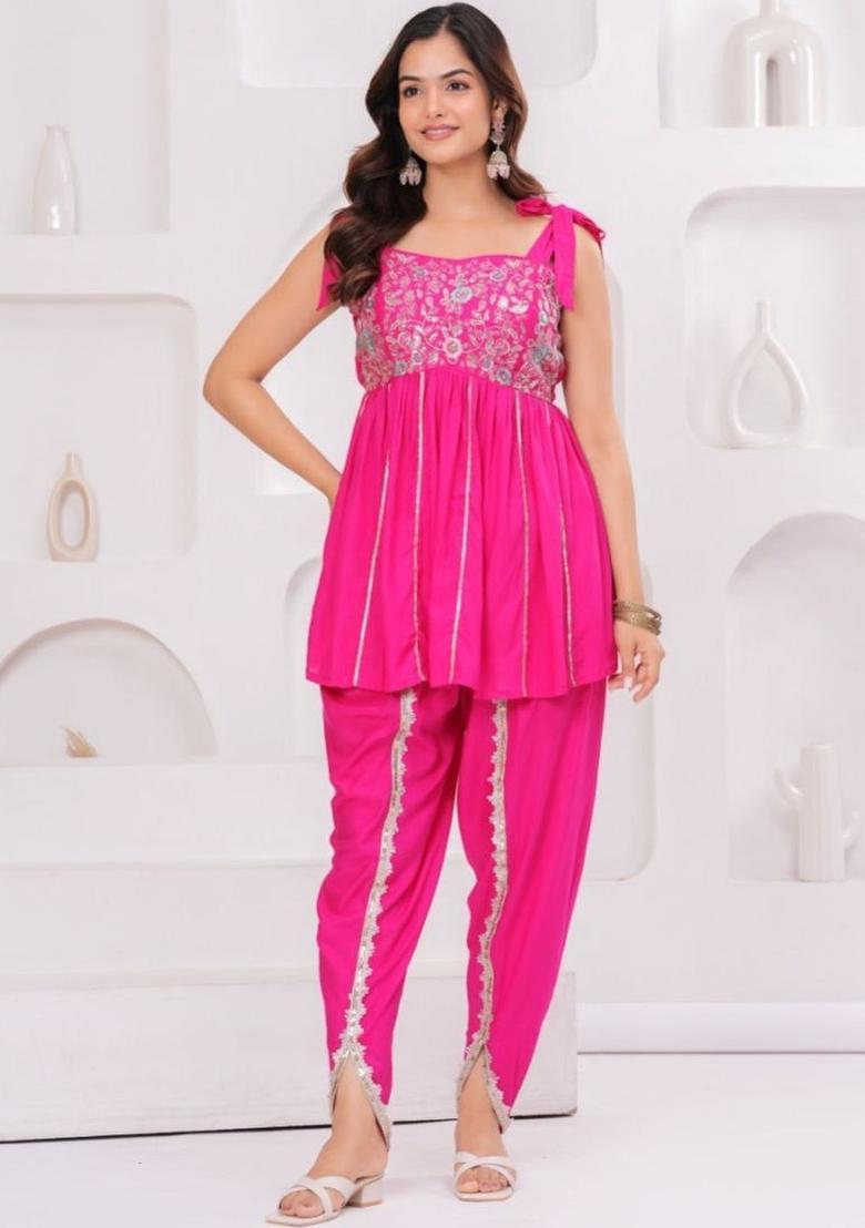 Pink Embroidered Viscose A Line Kurta Sets - Indya