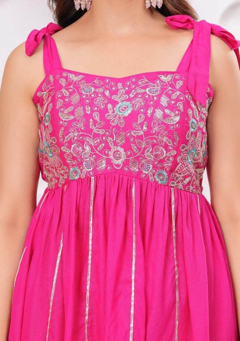 Pink Embroidered Viscose A Line Kurta Sets - Indya
