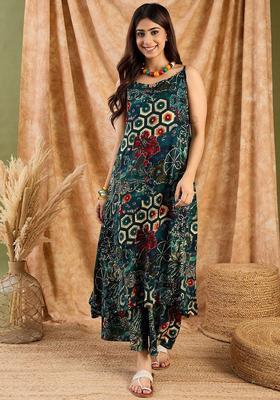 Teal Printed Viscose Straight Kurta Sets
