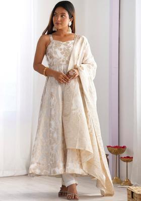 Off White Embroidered Silk Anarkali Sets