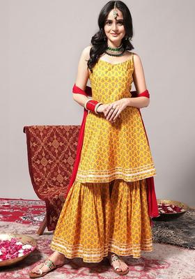 Yellow Printed Cotton A Line Kurta Sets