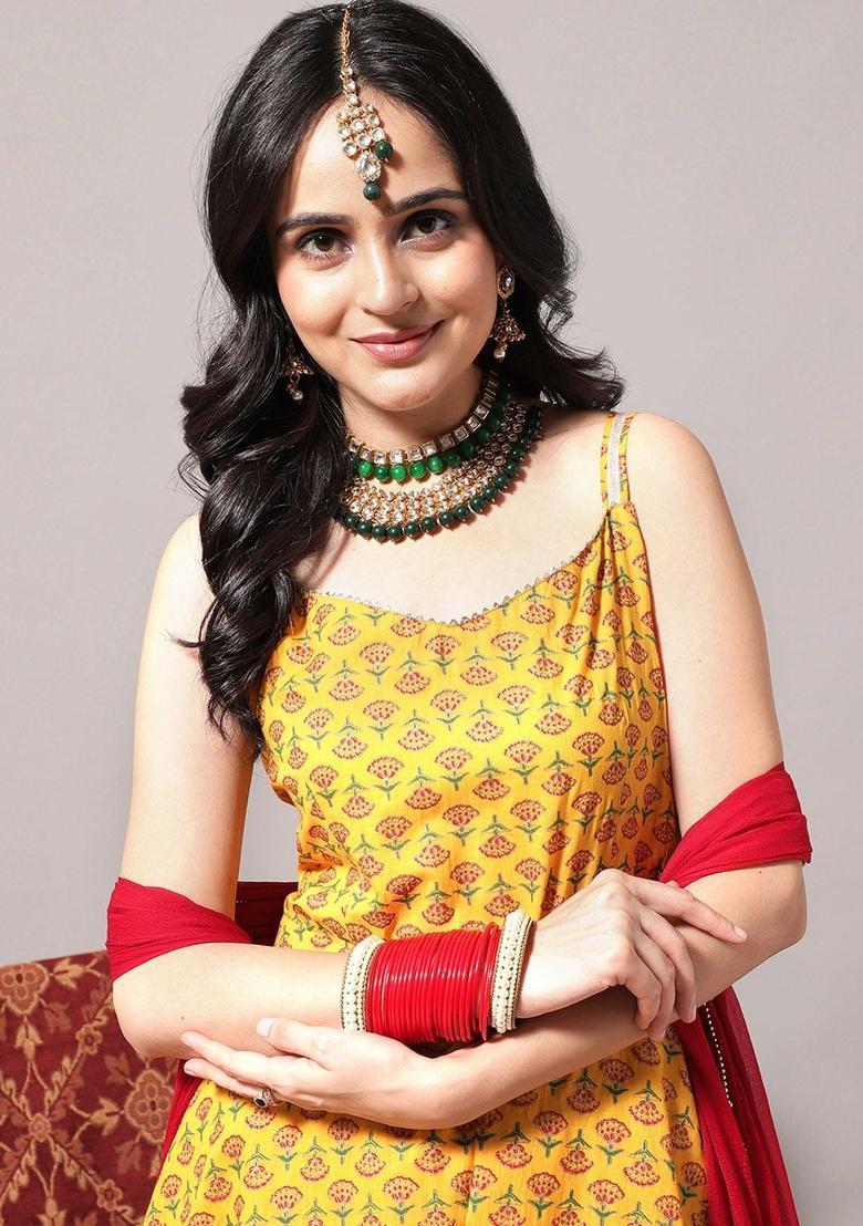 Yellow Printed Cotton A Line Kurta Sets - Indya