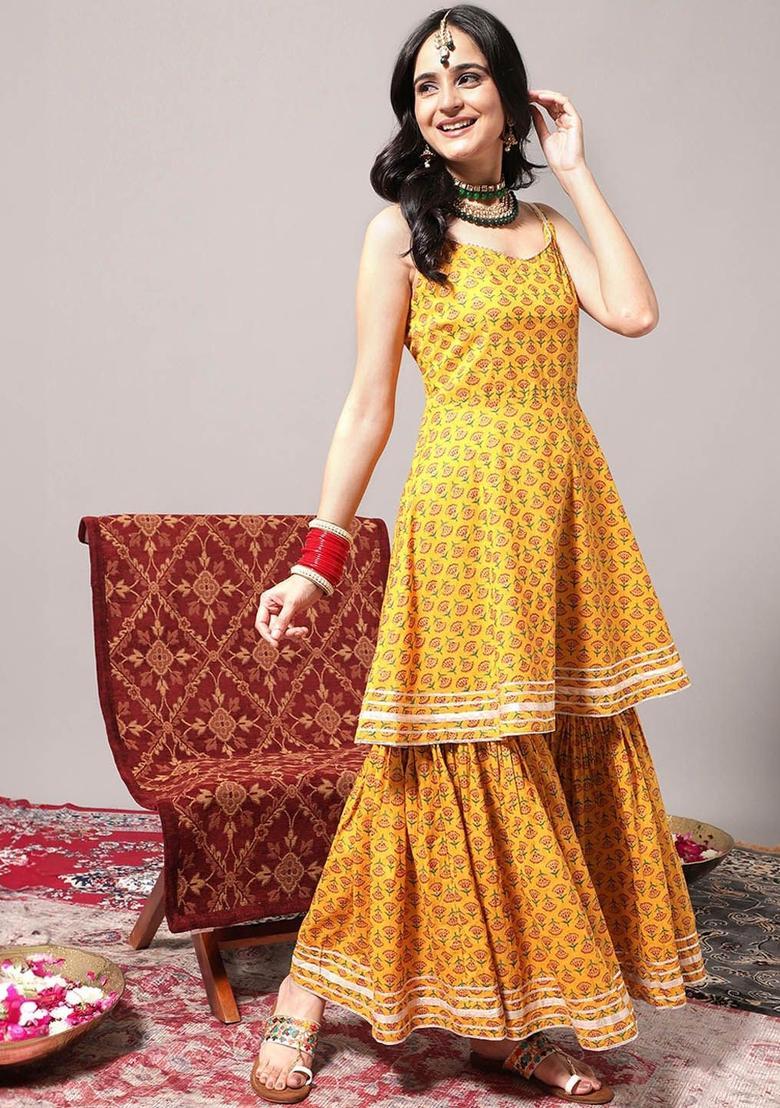 Yellow Printed Cotton A Line Kurta Sets - Indya