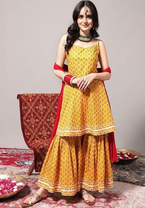 Yellow Printed Cotton A Line Kurta Sets — view on Indya