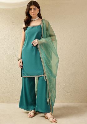 Turquoise Blue Solid Georgette Straight Kurta Sets