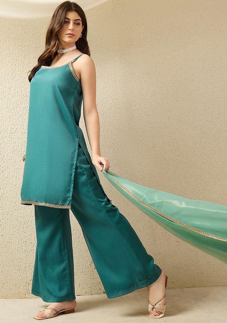 Turquoise Blue Solid Georgette Straight Kurta Sets - Indya