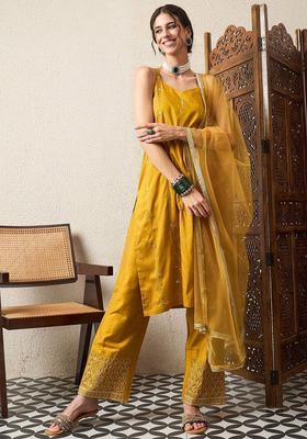 Mustard Embroidered Silk Straight Kurta Sets