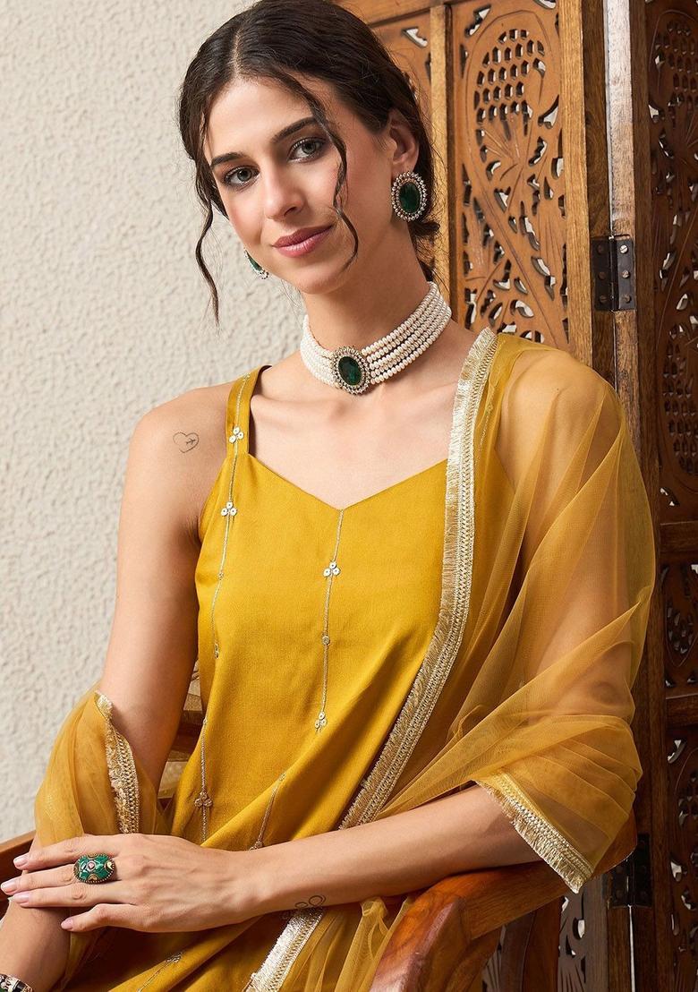 Mustard Embroidered Silk Straight Kurta Sets - Indya
