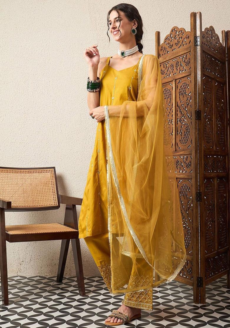 Mustard Embroidered Silk Straight Kurta Sets - Indya