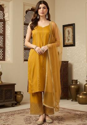 Mustard Embroidered Silk Straight Kurta Sets