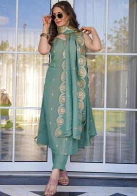 Sea Green Embroidered Silk Straight Kurta Sets