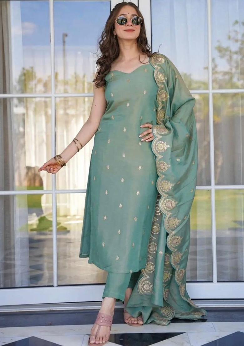 Sea Green Embroidered Silk Straight Kurta Sets - Indya