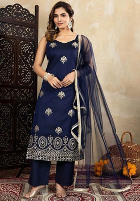 Navy Blue Embroidered Silk Straight Kurta Sets
