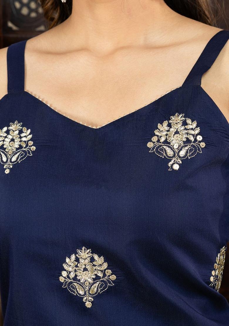 Navy Blue Embroidered Silk Straight Kurta Sets - Indya