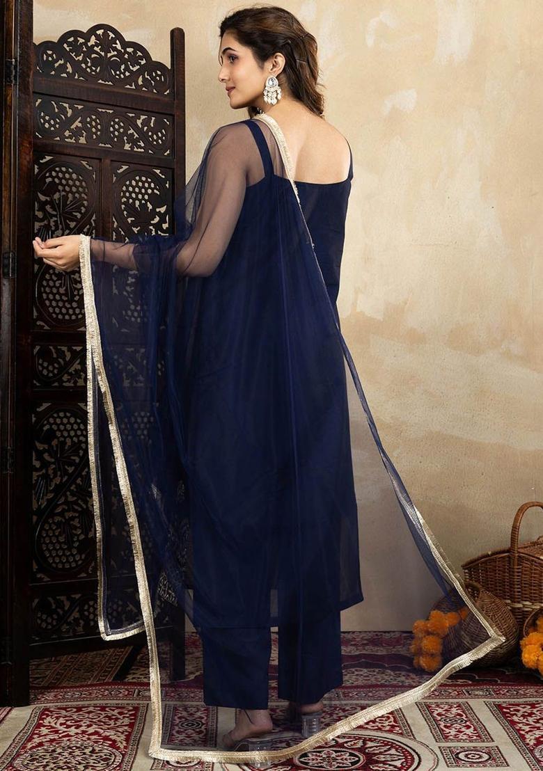 Navy Blue Embroidered Silk Straight Kurta Sets - Indya
