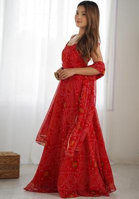 Red Printed Silk Anarkali Sets