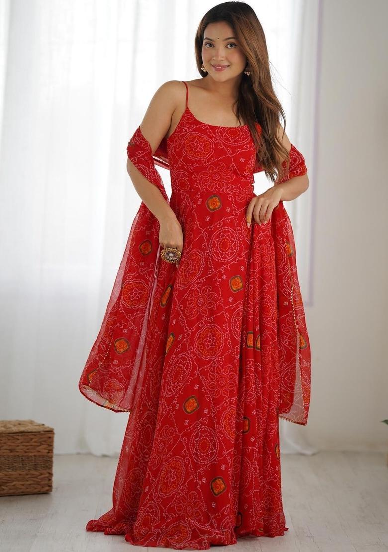 Red Printed Silk Anarkali Sets - Indya