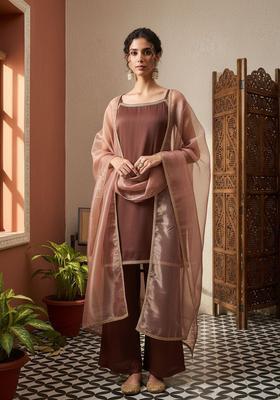 Brown Solid Georgette Straight Kurta Sets