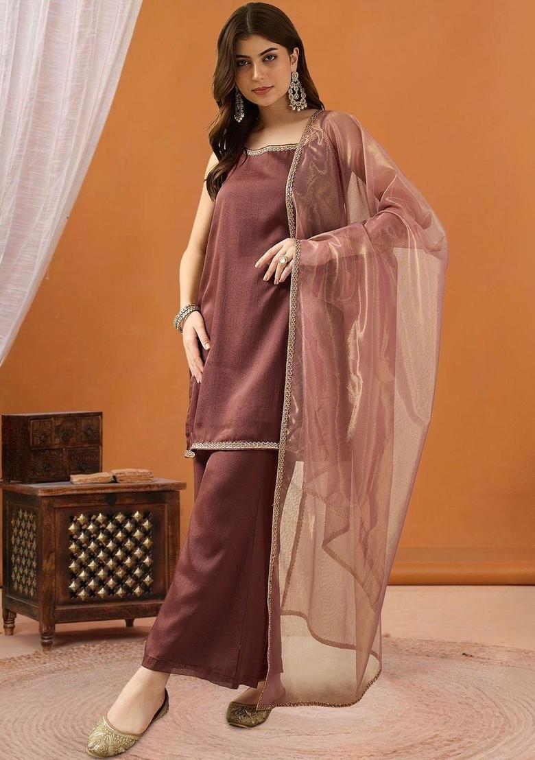 Brown Solid Georgette Straight Kurta Sets - Indya