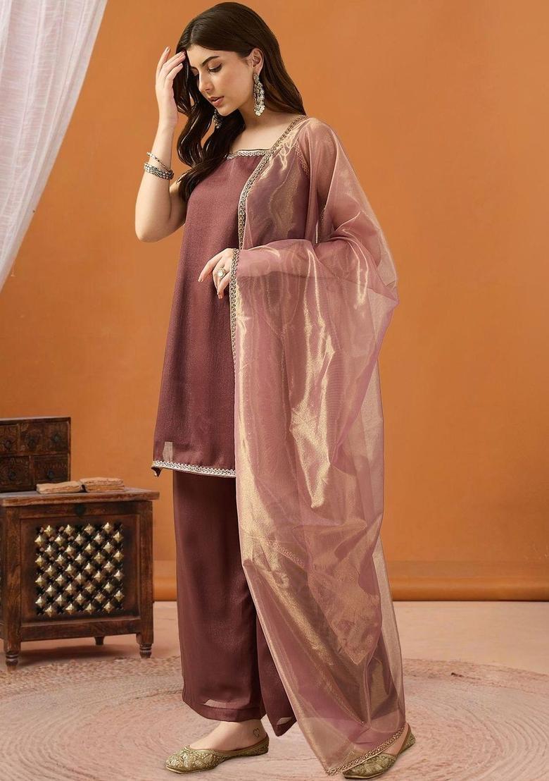 Brown Solid Georgette Straight Kurta Sets - Indya