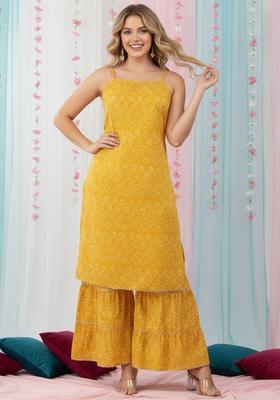 Yellow Printed Cotton Straight Kurta Sets
