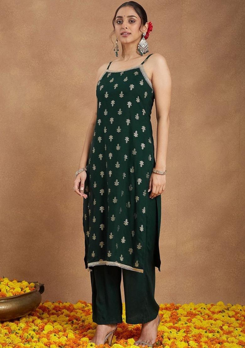 Green Printed Viscose Straight Kurta Sets - Indya